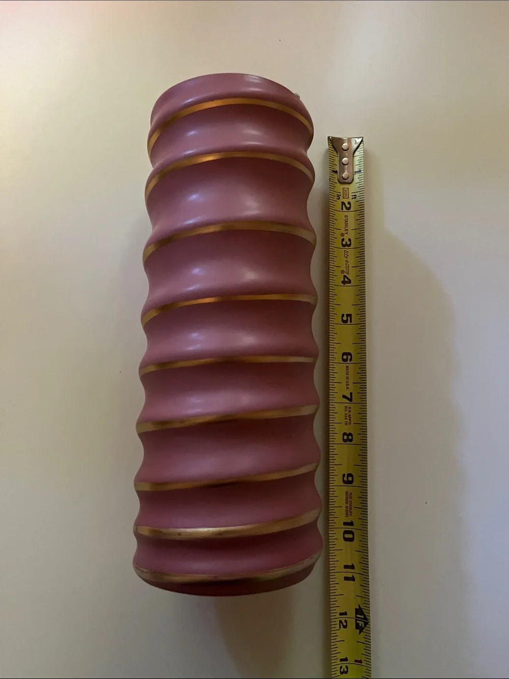 🌸✨ Vintage Pink & Gold Ribbed Ceramic Vase | 11” Decorative Floral Vase
